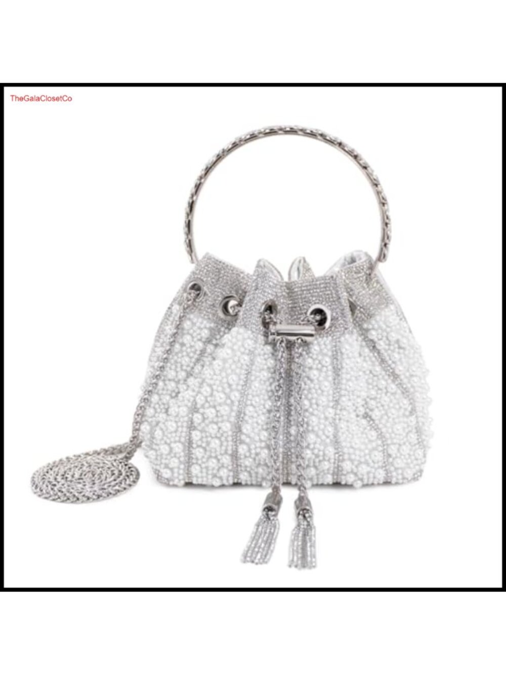 Rhinestone Crystal Embellished Bucket Bag with Ring Handle & Chain Strap